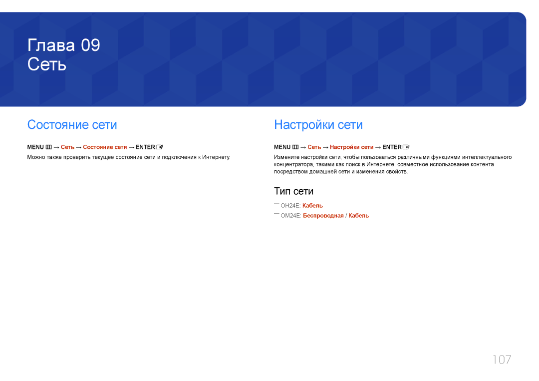 Samsung LH24OMEPWBC/EN manual Сеть, Состояние сети, Настройки сети, 107, Тип сети 