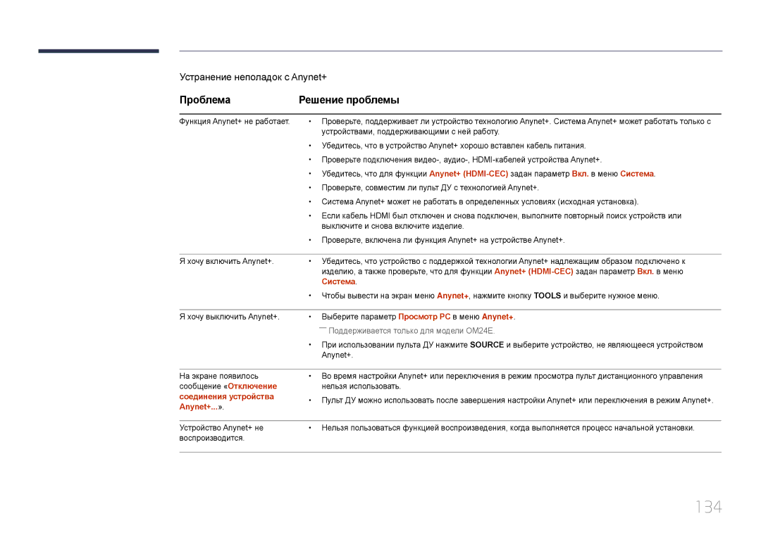 Samsung LH24OMEPWBC/EN manual 134, Проблема Решение проблемы, Система, Соединения устройства, Anynet+...» 