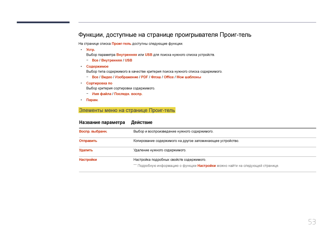 Samsung LH24OMEPWBC/EN manual Функции, доступные на странице проигрывателя Проиг-тель, Элементы меню на странице Проиг-тель 