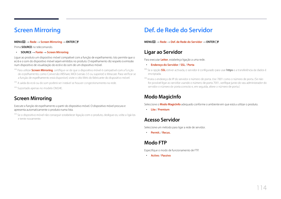 Samsung LH24OMEPWBC/EN manual Screen Mirroring, Def. de Rede do Servidor, 114 