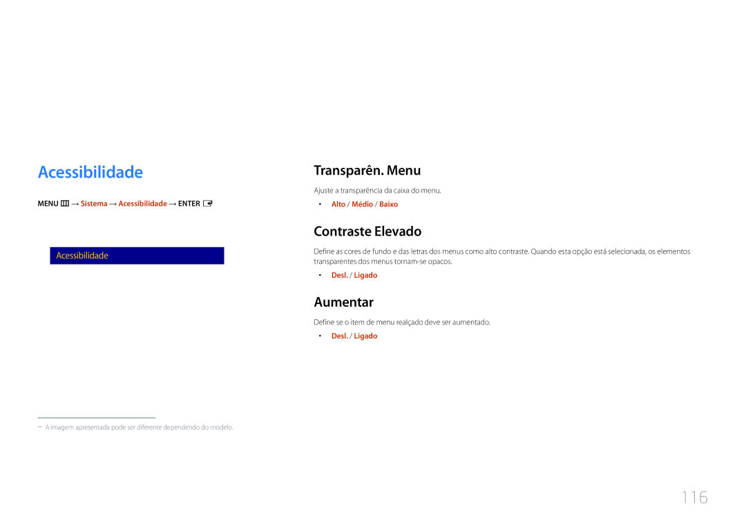 Samsung LH24OMEPWBC/EN manual Sistema, Acessibilidade, 116 