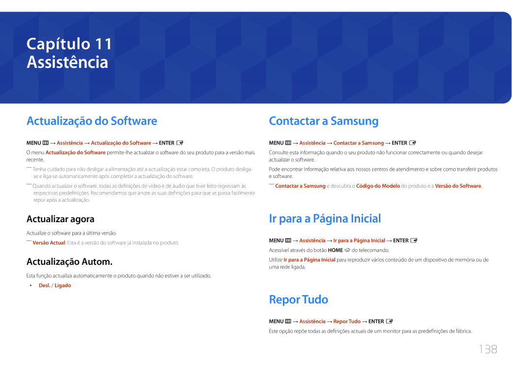 Samsung LH24OMEPWBC/EN Assistência, Actualização do Software, Contactar a Samsung, Ir para a Página Inicial, Repor Tudo 