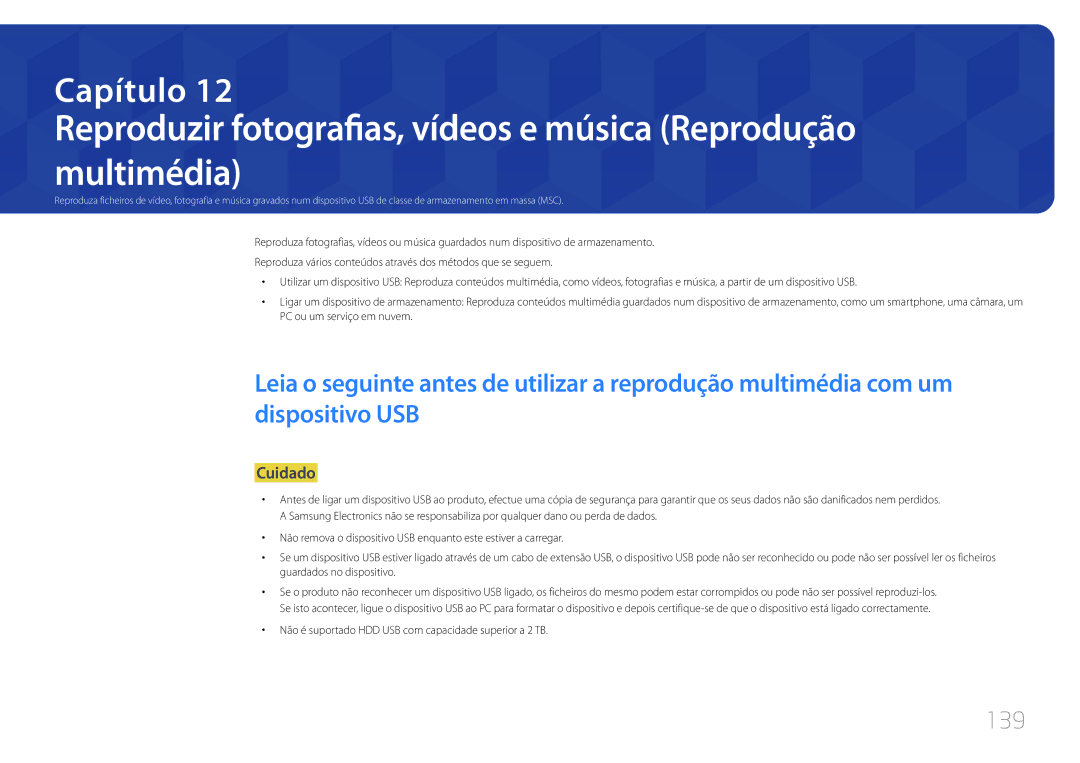 Samsung LH24OMEPWBC/EN manual 139, Não é suportado HDD USB com capacidade superior a 2 TB 