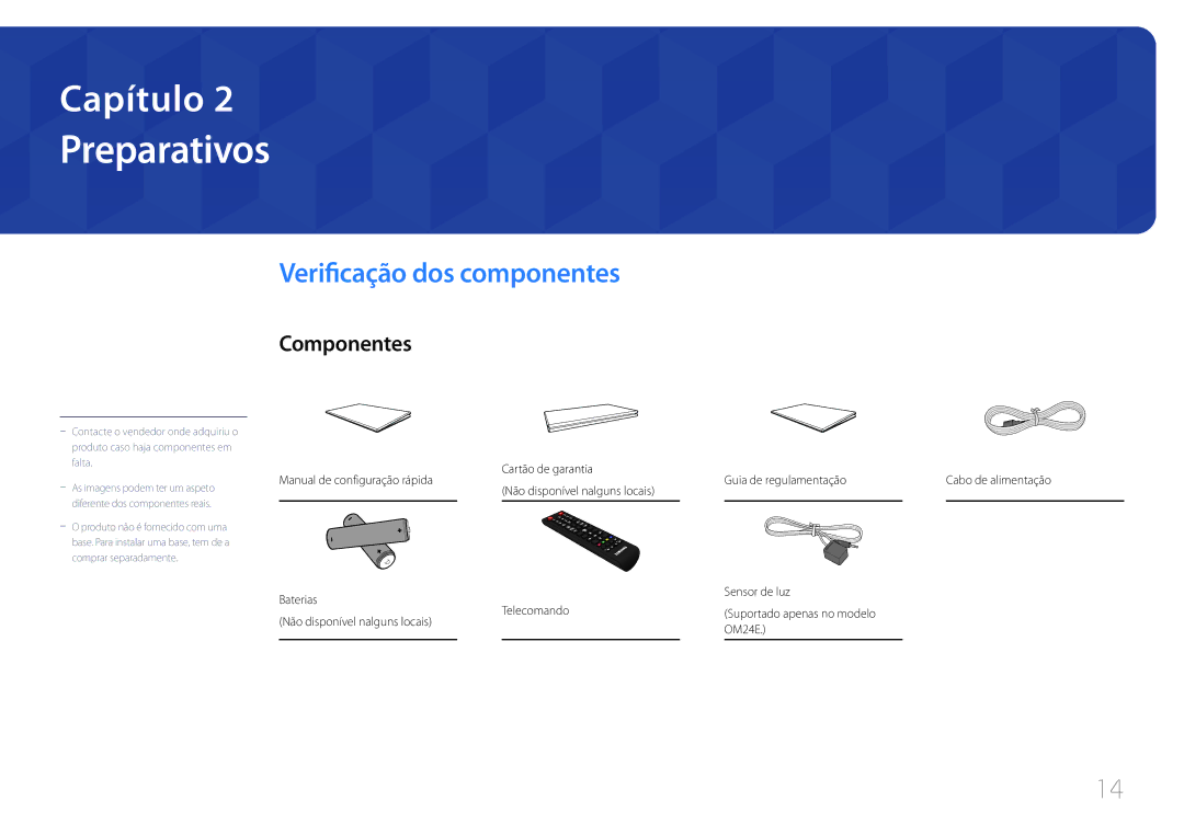 Samsung LH24OMEPWBC/EN Preparativos, Verificação dos componentes, Componentes, Cartão de garantia Guia de regulamentação 