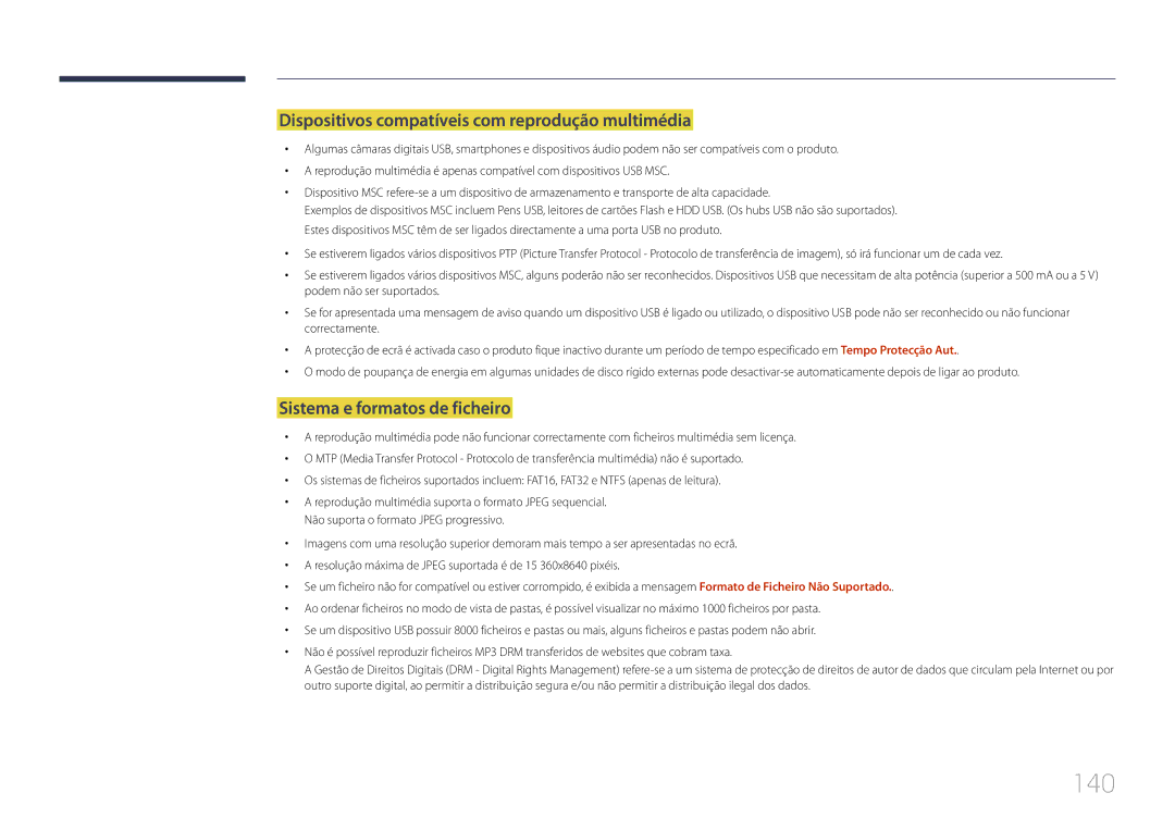 Samsung LH24OMEPWBC/EN manual 140, Dispositivos compatíveis com reprodução multimédia, Sistema e formatos de ficheiro 