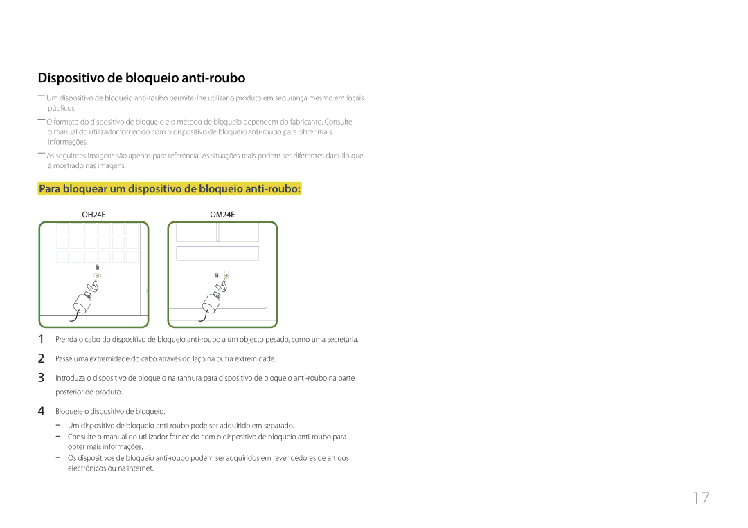 Samsung LH24OMEPWBC/EN manual Dispositivo de bloqueio anti-roubo, Para bloquear um dispositivo de bloqueio anti-roubo 