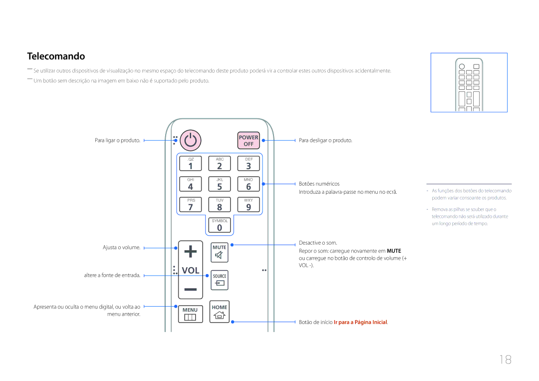 Samsung LH24OMEPWBC/EN manual Telecomando, Botão de início Ir para a Página Inicial 