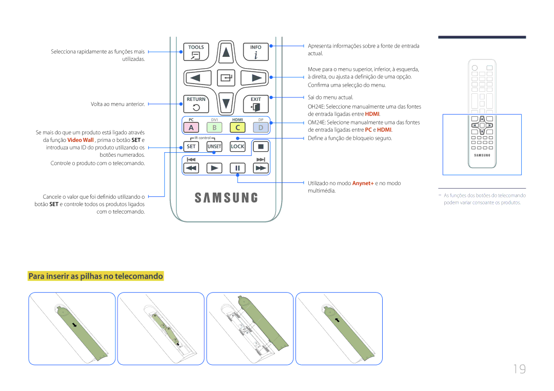 Samsung LH24OMEPWBC/EN manual Para inserir as pilhas no telecomando, Apresenta informações sobre a fonte de entrada actual 