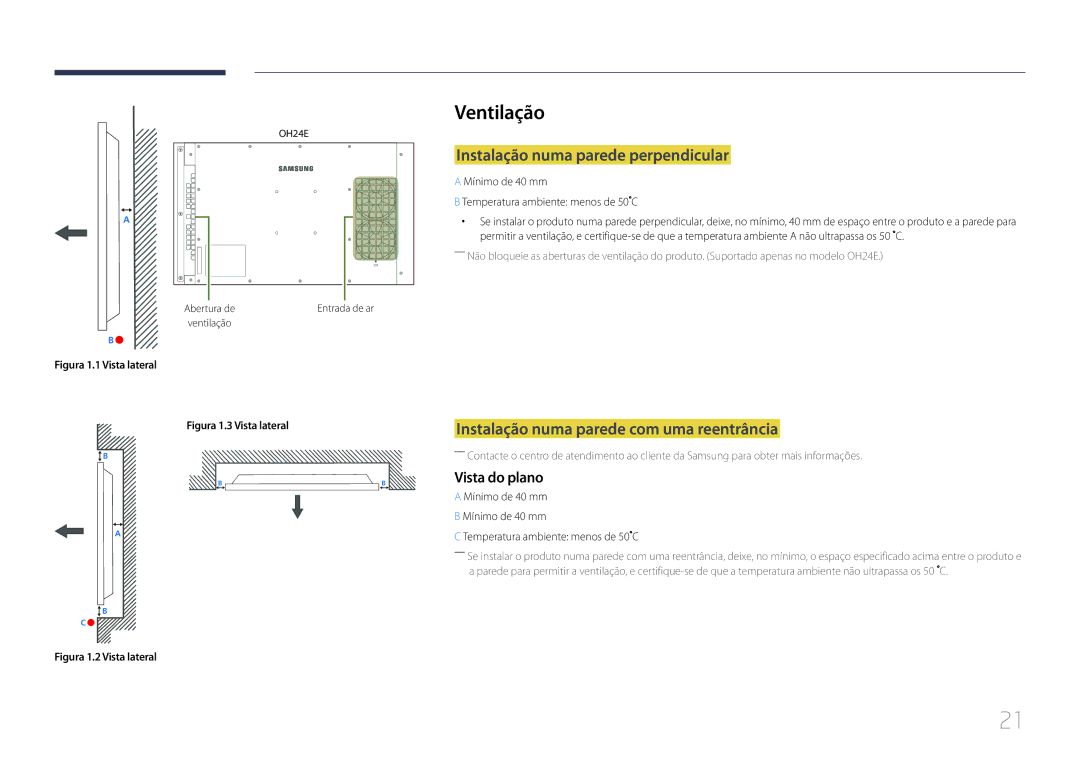 Samsung LH24OMEPWBC/EN manual Ventilação, Instalação numa parede perpendicular, Instalação numa parede com uma reentrância 