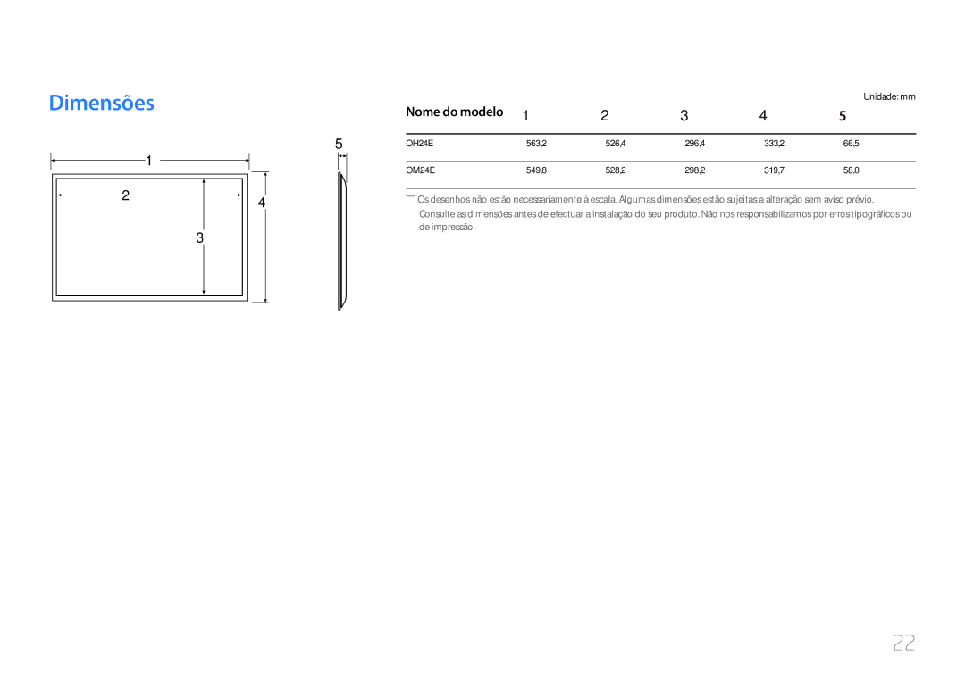 Samsung LH24OMEPWBC/EN manual Dimensões, Nome do modelo, Unidade mm 