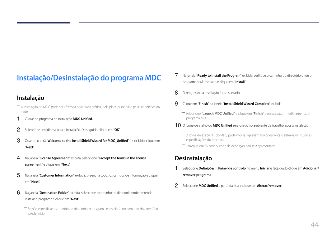 Samsung LH24OMEPWBC/EN manual Utilizar o MDC, Desinstalação, Remover programa 