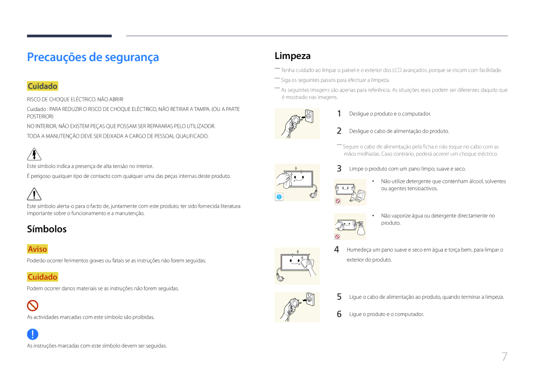 Samsung LH24OMEPWBC/EN manual Precauções de segurança, Limpeza, Símbolos, Cuidado 