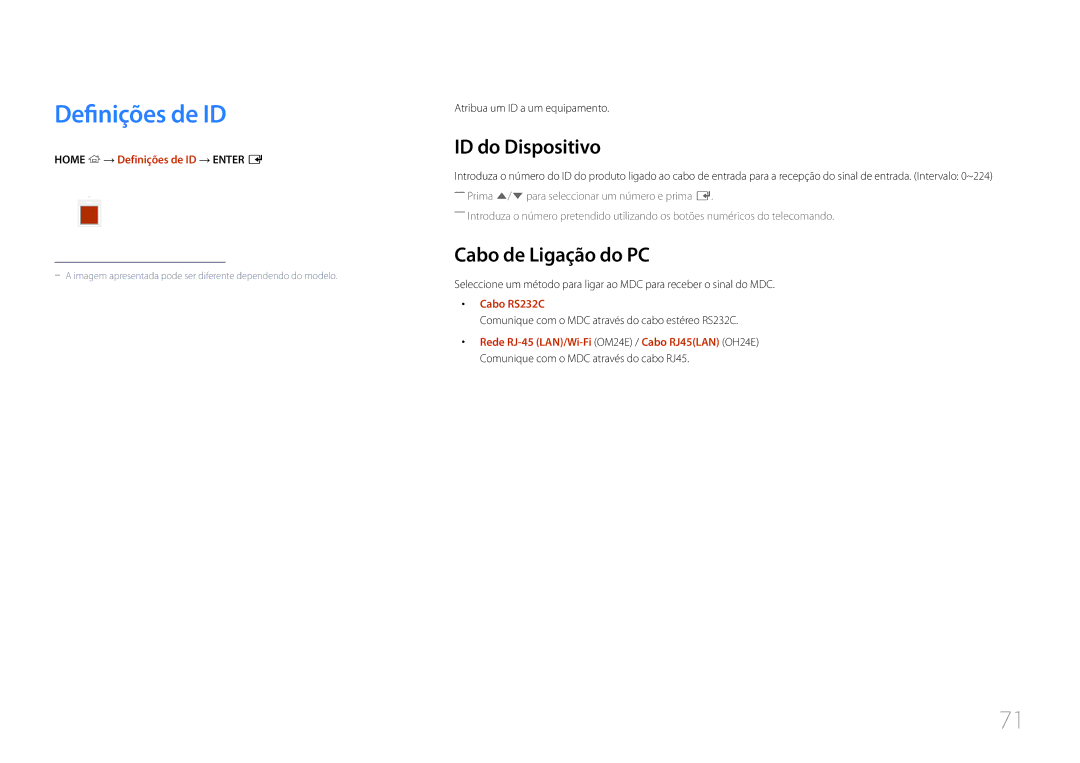 Samsung LH24OMEPWBC/EN manual Definições de ID, ID do Dispositivo, Cabo de Ligação do PC 