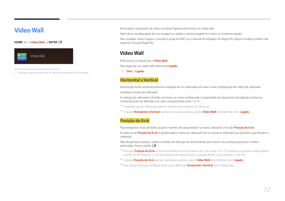 Samsung LH24OMEPWBC/EN manual Video Wall, Horizontal x Vertical, Posição do Ecrã 