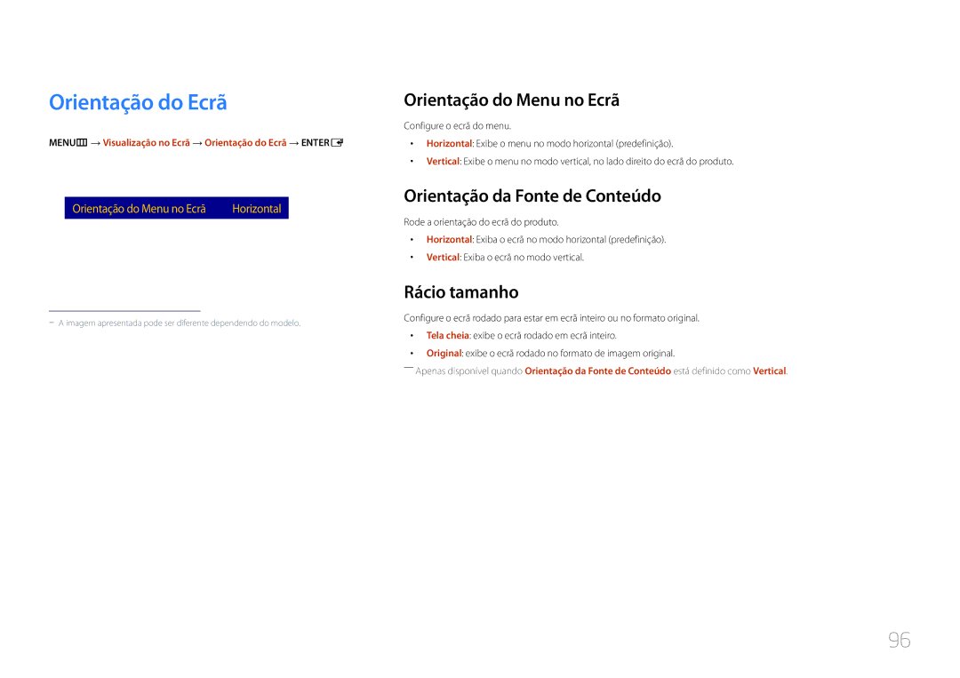 Samsung LH24OMEPWBC/EN Orientação do Ecrã, Orientação do Menu no Ecrã, Orientação da Fonte de Conteúdo, Rácio tamanho 