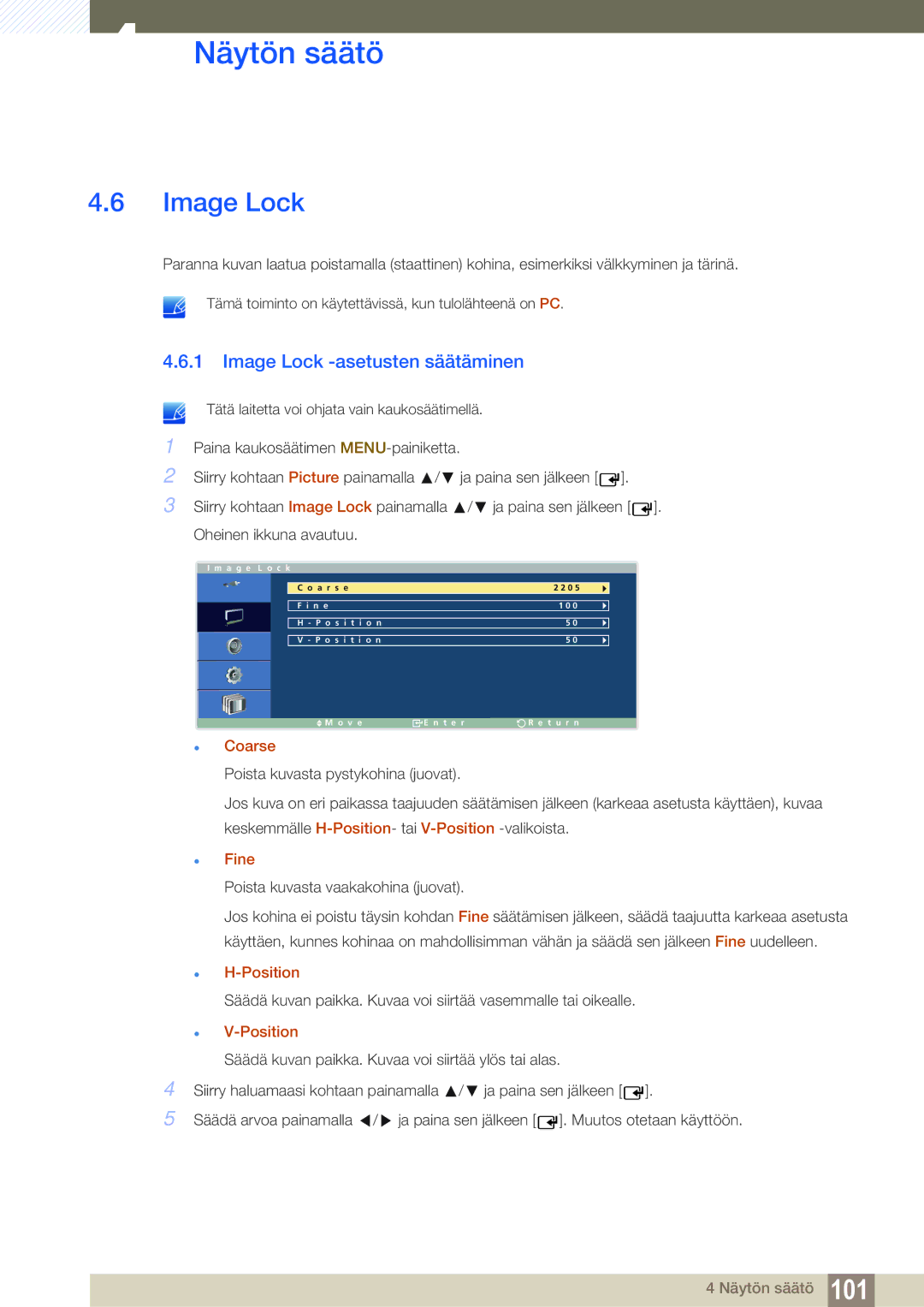 Samsung LH32ARPLBC/EN manual Image Lock -asetusten säätäminen, Coarse, Fine, Position 