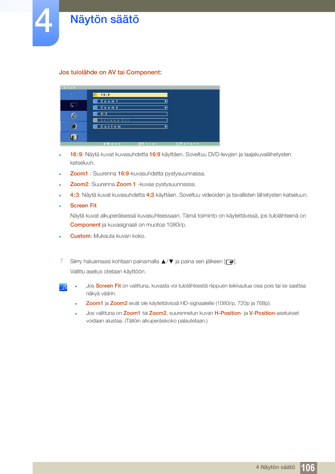 Samsung LH32ARPLBC/EN manual Jos tulolähde on AV tai Component 