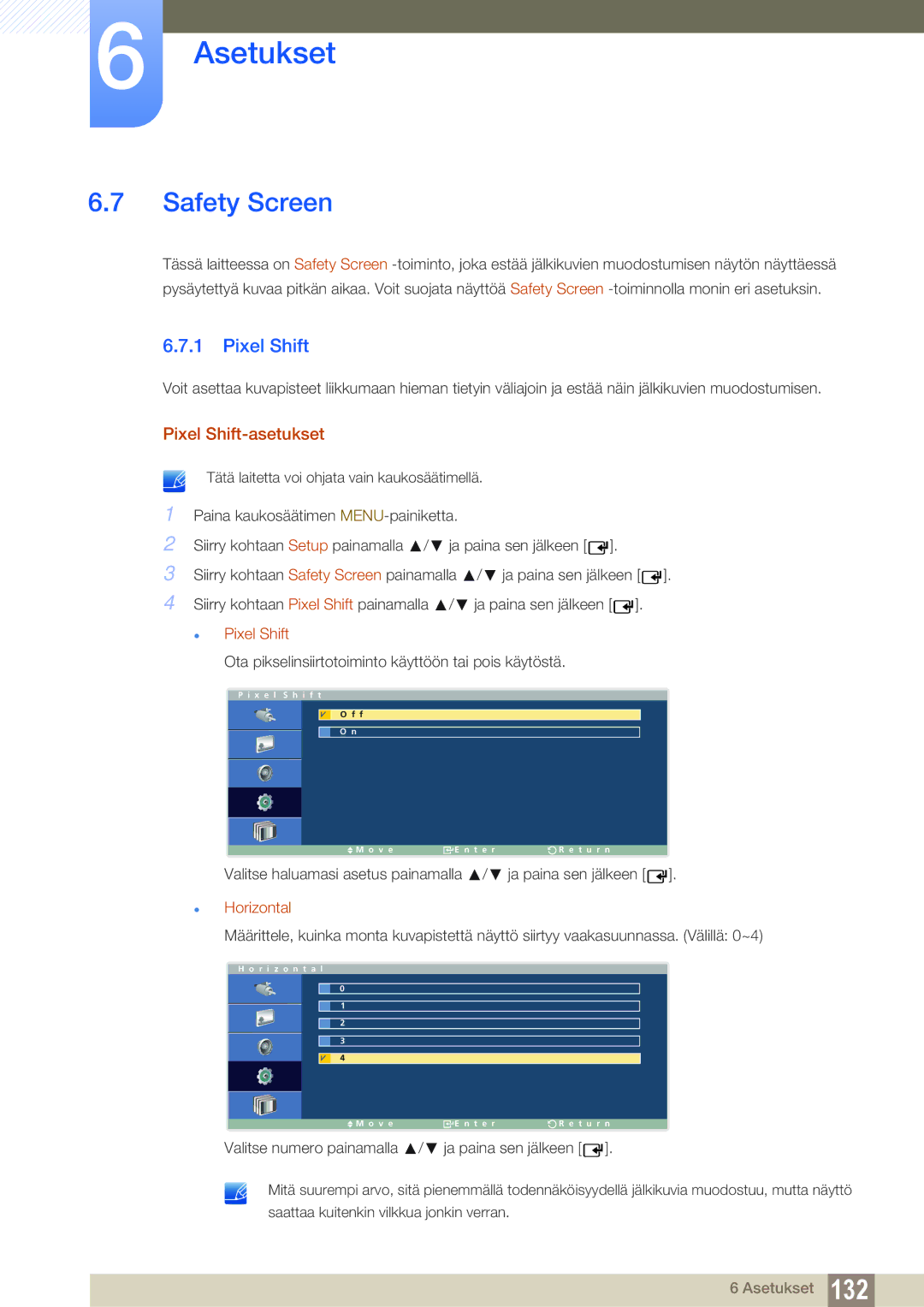 Samsung LH32ARPLBC/EN manual Safety Screen, Pixel Shift-asetukset, Horizontal 