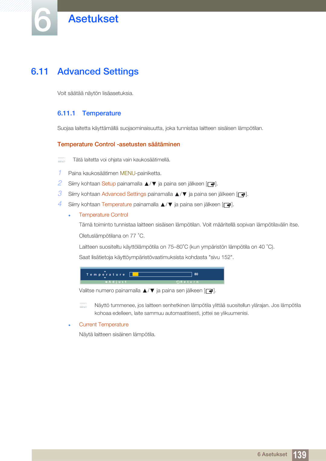 Samsung LH32ARPLBC/EN manual Advanced Settings, Temperature Control -asetusten säätäminen, Current Temperature 