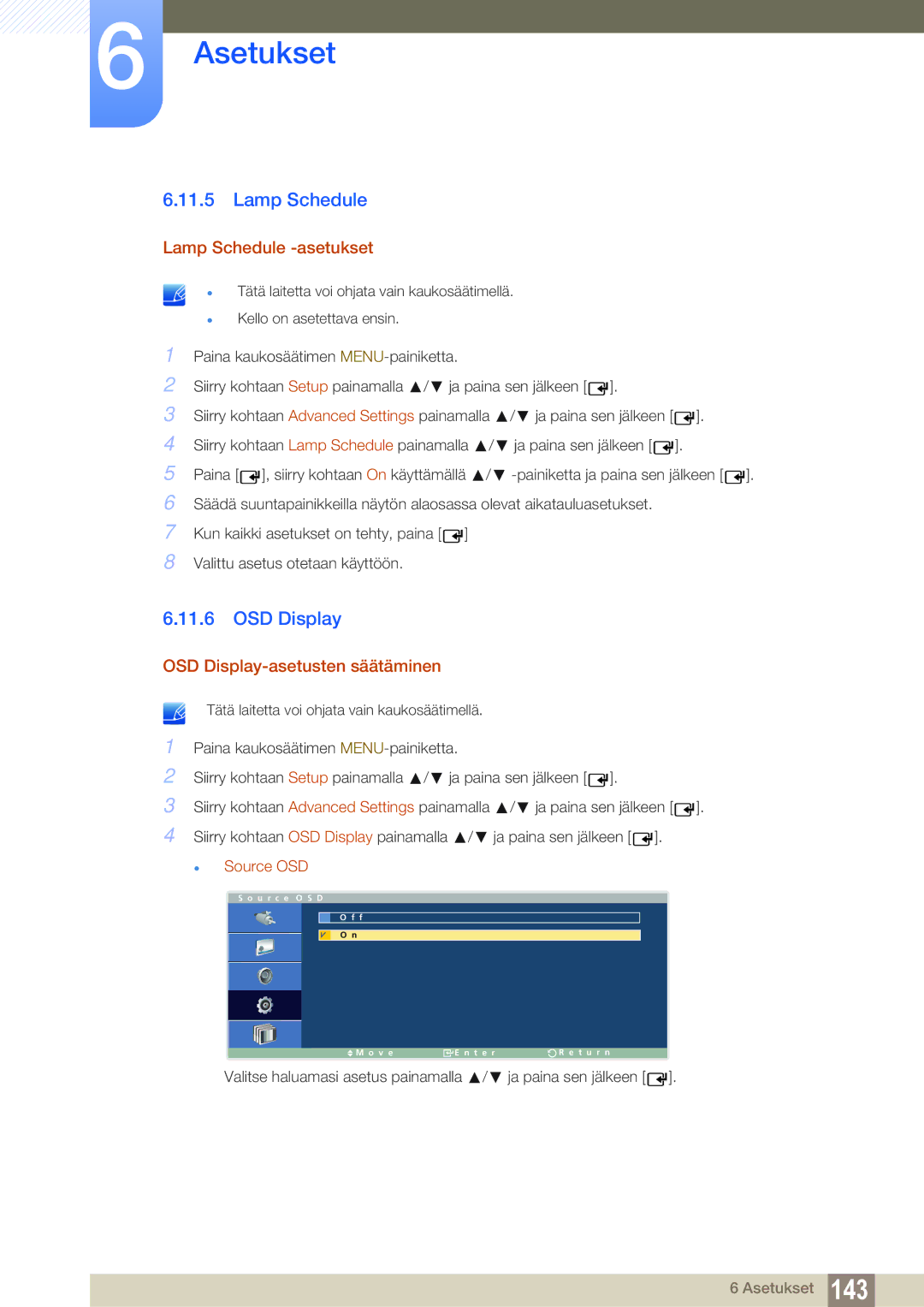 Samsung LH32ARPLBC/EN manual Lamp Schedule -asetukset, OSD Display-asetusten säätäminen, Source OSD 