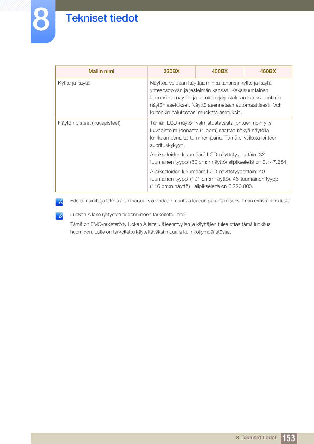 Samsung LH32ARPLBC/EN manual Tekniset tiedot 