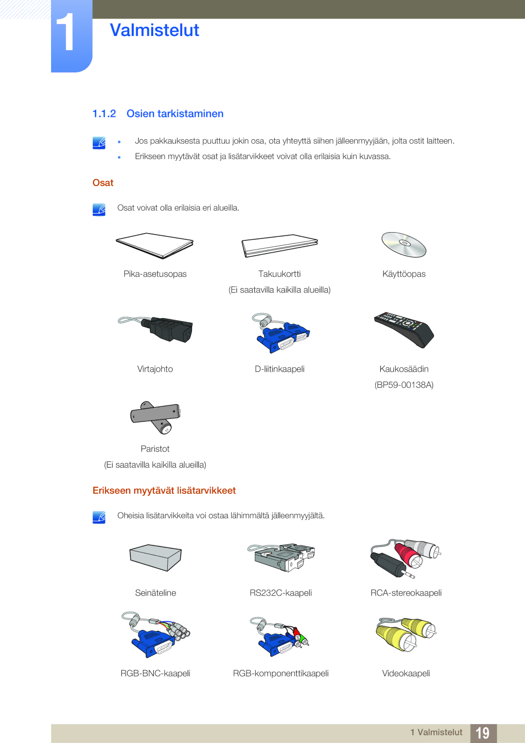 Samsung LH32ARPLBC/EN manual Osien tarkistaminen, Osat, Erikseen myytävät lisätarvikkeet 