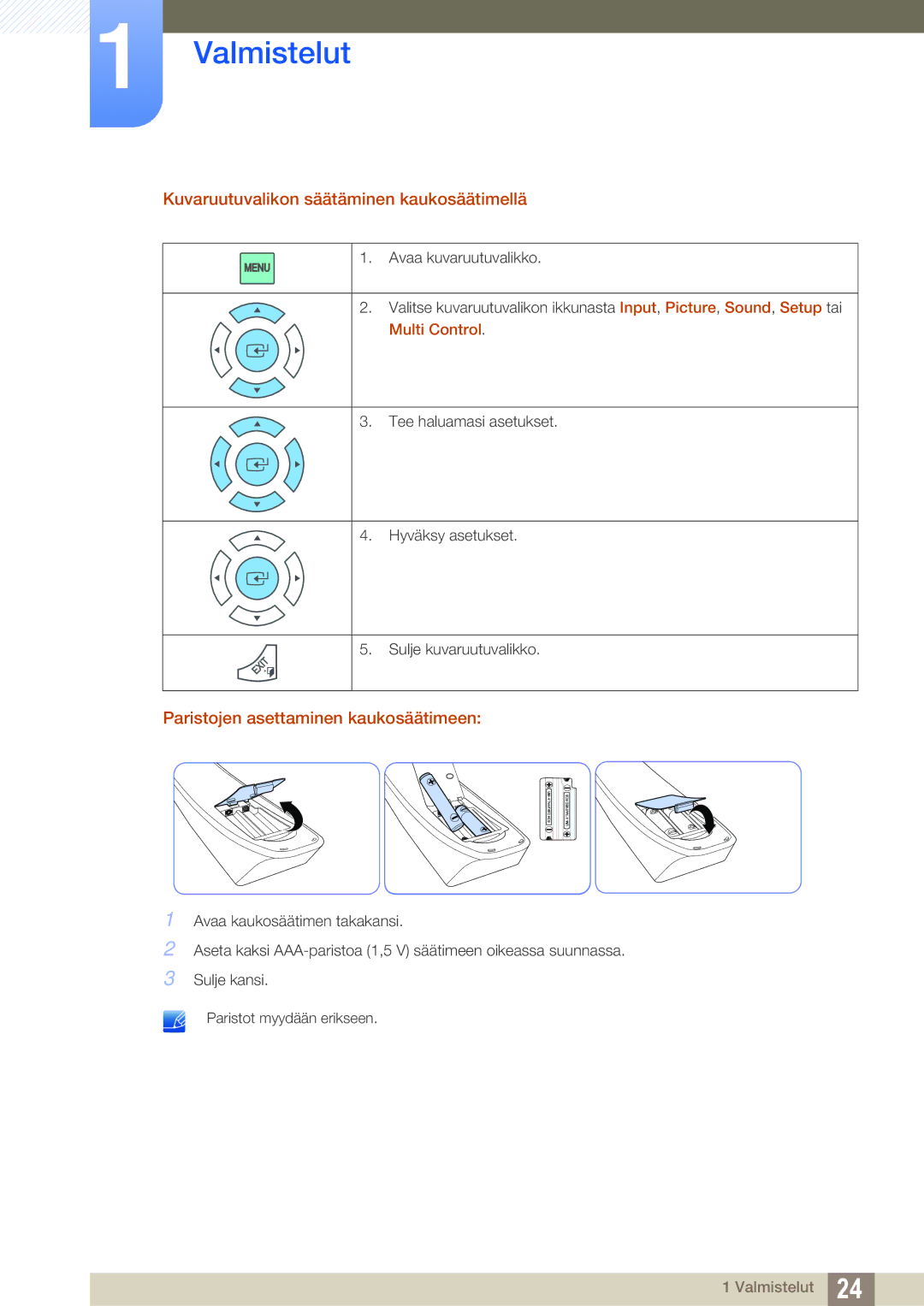 Samsung LH32ARPLBC/EN manual Kuvaruutuvalikon säätäminen kaukosäätimellä, Paristojen asettaminen kaukosäätimeen 