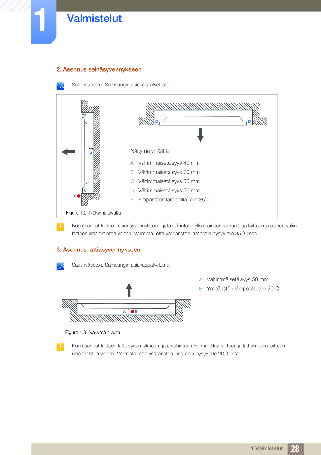 Samsung LH32ARPLBC/EN manual Asennus seinäsyvennykseen, Asennus lattiasyvennykseen 