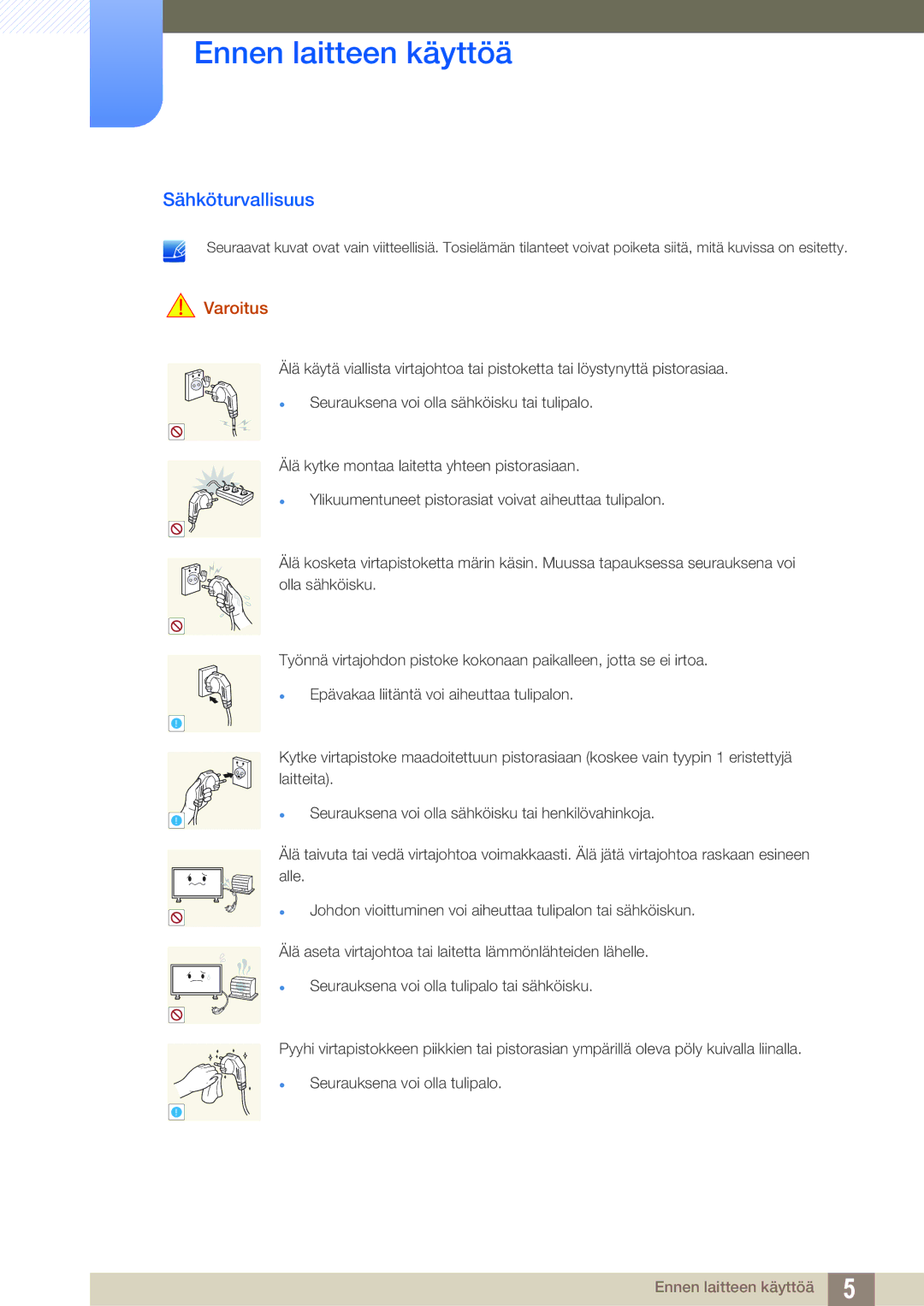 Samsung LH32ARPLBC/EN manual Sähköturvallisuus, Varoitus 