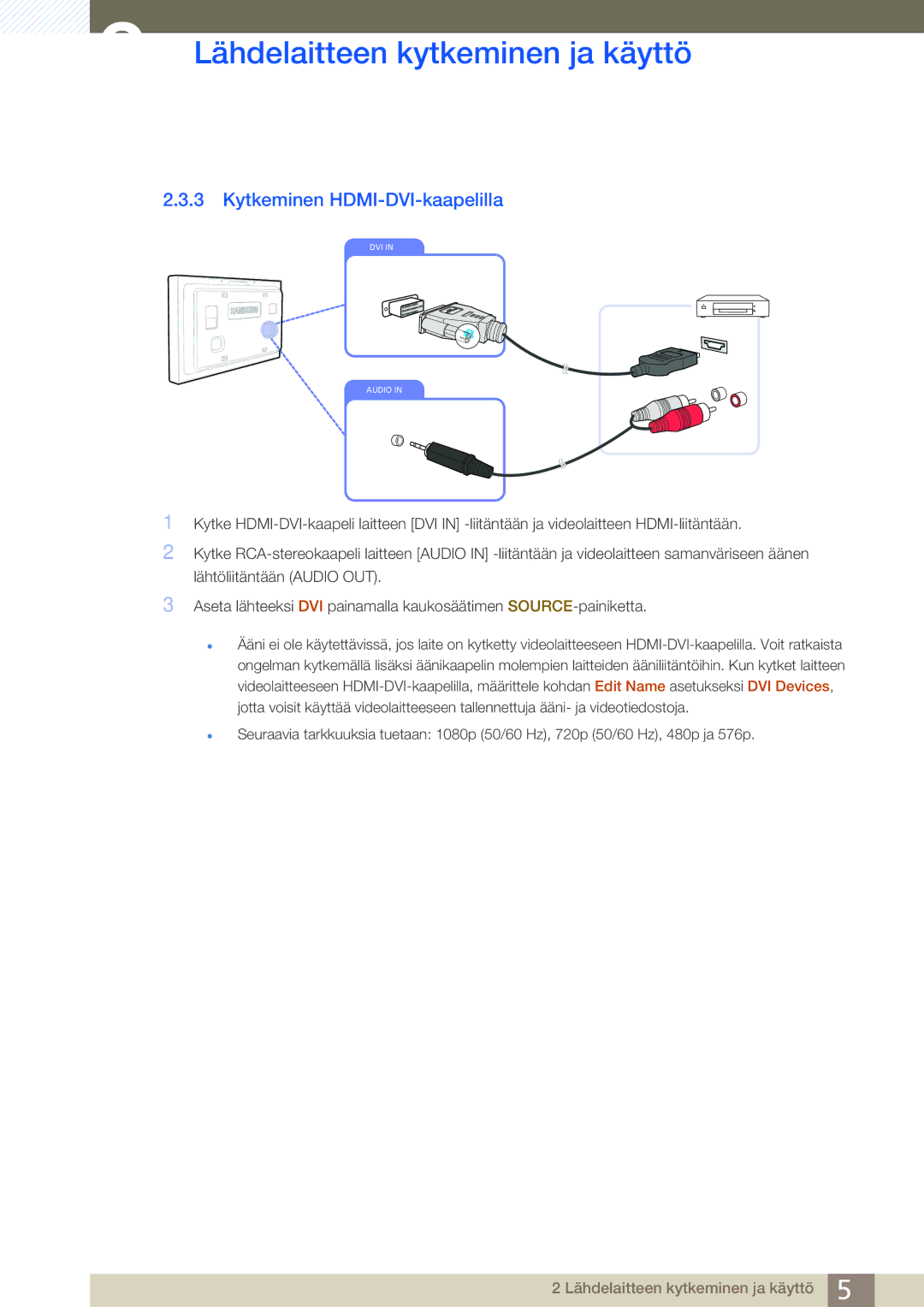 Samsung LH32ARPLBC/EN manual Kytkeminen HDMI-DVI-kaapelilla 