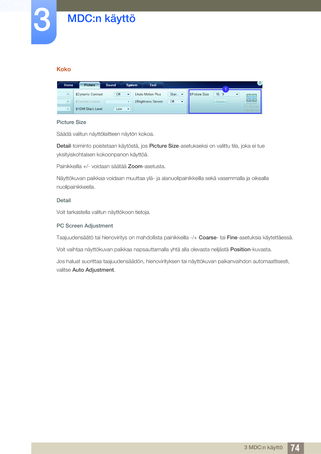 Samsung LH32ARPLBC/EN manual Koko, Picture Size, Detail, PC Screen Adjustment 