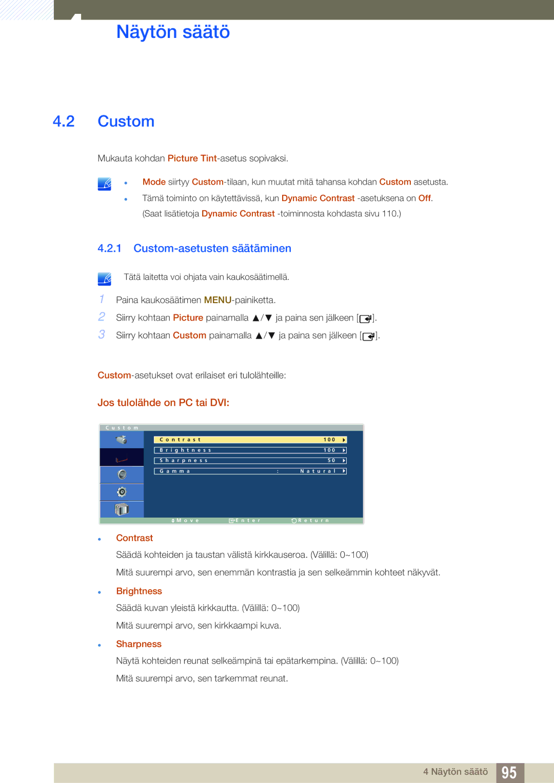 Samsung LH32ARPLBC/EN manual Custom-asetusten säätäminen, Contrast, Brightness, Sharpness 