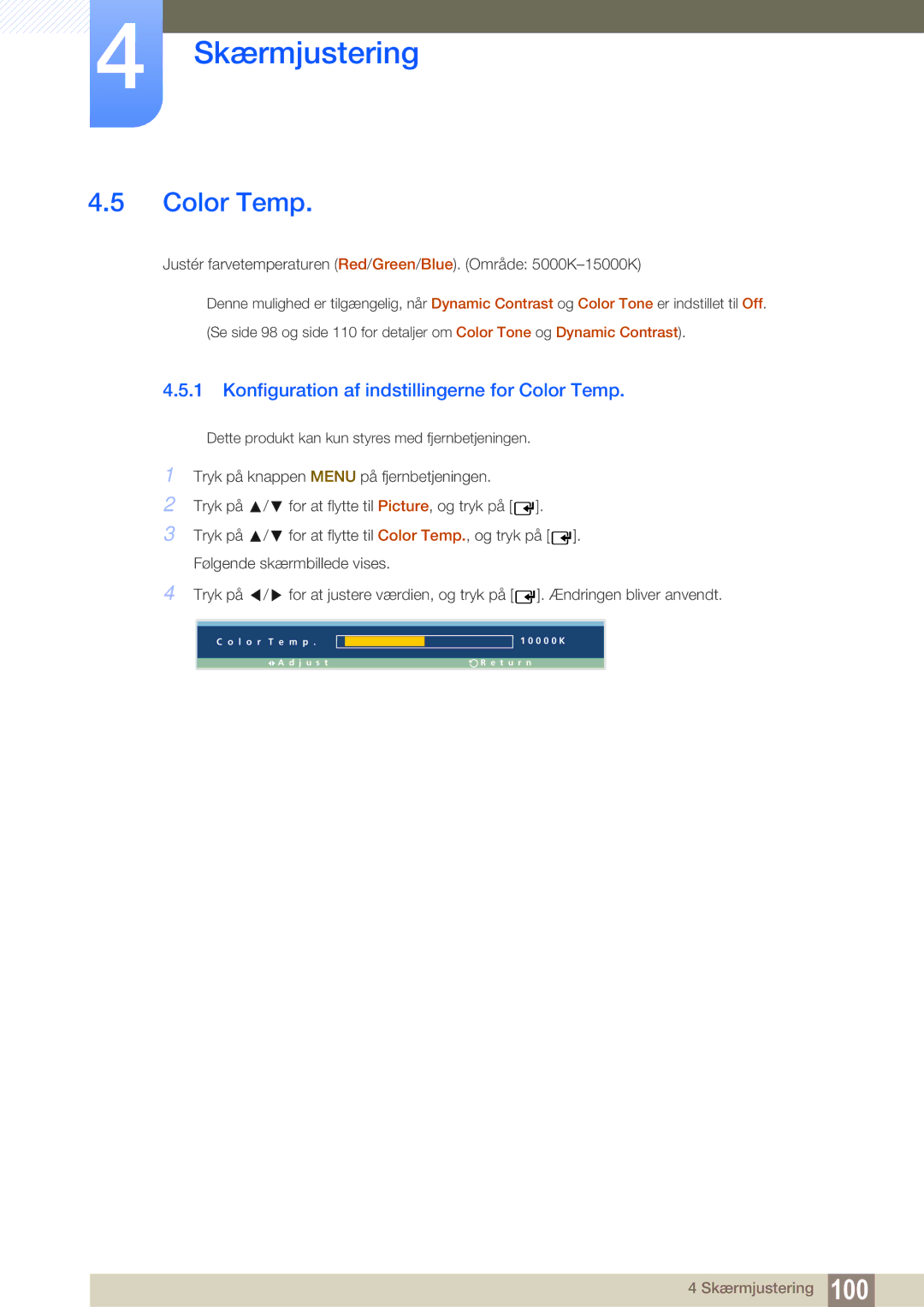 Samsung LH32ARPLBC/EN manual Konfiguration af indstillingerne for Color Temp 