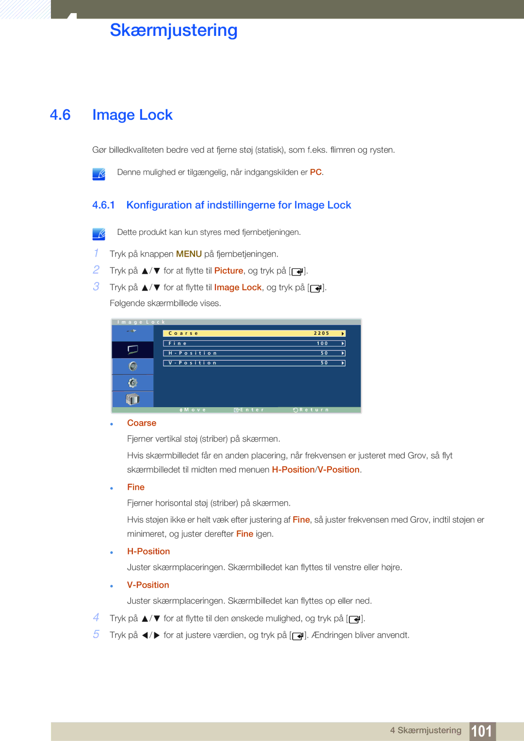 Samsung LH32ARPLBC/EN manual Konfiguration af indstillingerne for Image Lock, Coarse, Fine, Position 