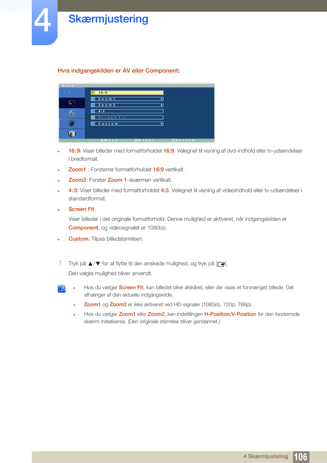 Samsung LH32ARPLBC/EN manual Hvis indgangskilden er AV eller Component, Screen Fit 