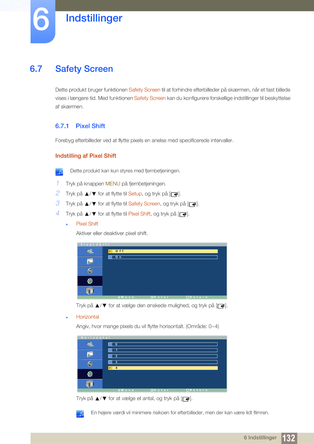 Samsung LH32ARPLBC/EN manual Safety Screen, Indstilling af Pixel Shift, Horizontal 