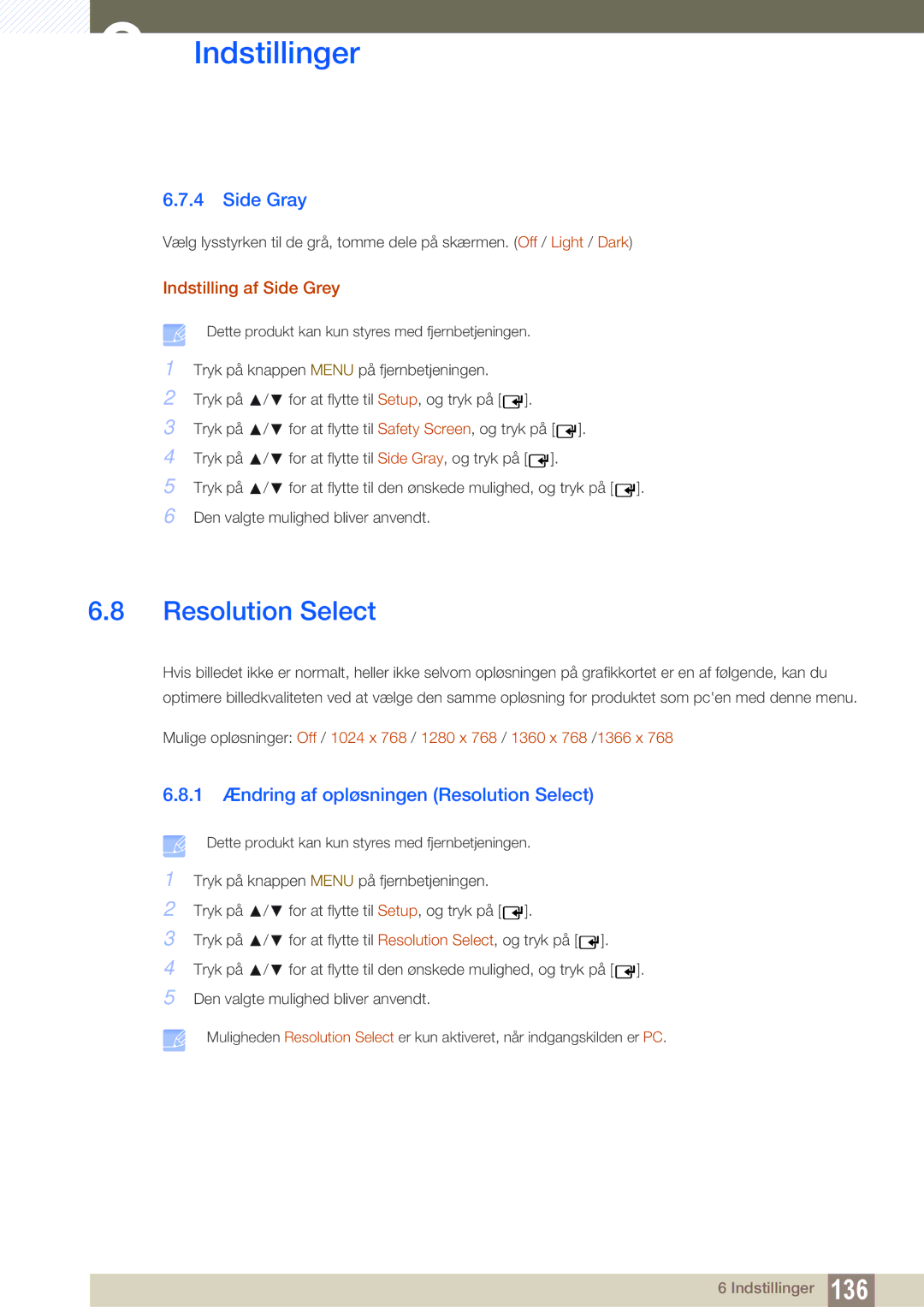 Samsung LH32ARPLBC/EN manual Side Gray, 1 Ændring af opløsningen Resolution Select, Indstilling af Side Grey 