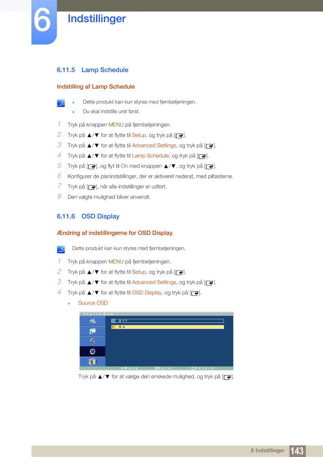 Samsung LH32ARPLBC/EN manual Indstilling af Lamp Schedule, Ændring af indstillingerne for OSD Display, Source OSD 