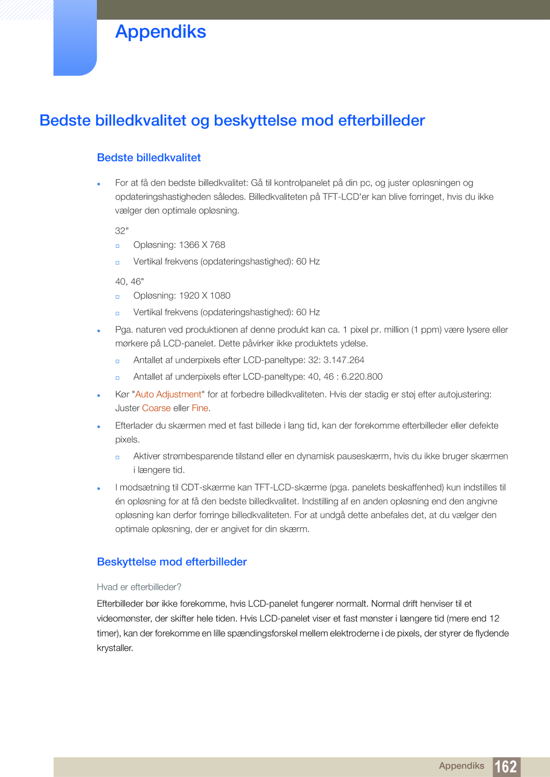 Samsung LH32ARPLBC/EN manual Bedste billedkvalitet og beskyttelse mod efterbilleder, Beskyttelse mod efterbilleder 