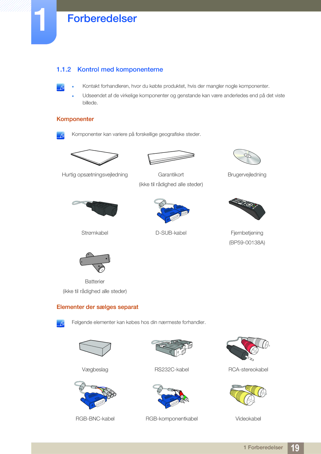 Samsung LH32ARPLBC/EN manual Kontrol med komponenterne, Komponenter, Elementer der sælges separat 