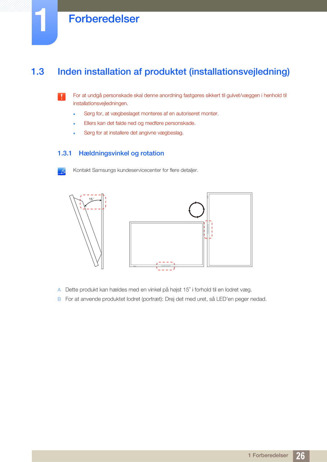 Samsung LH32ARPLBC/EN manual Inden installation af produktet installationsvejledning, 1 Hældningsvinkel og rotation 