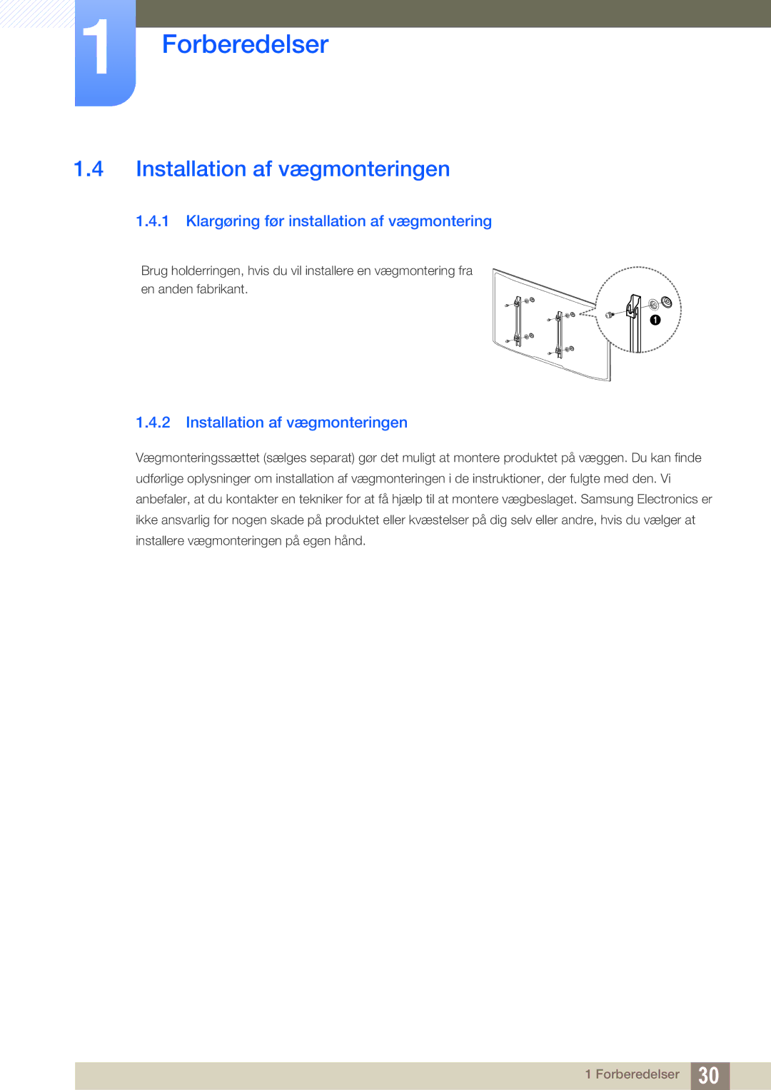 Samsung LH32ARPLBC/EN manual Installation af vægmonteringen, Klargøring før installation af vægmontering 