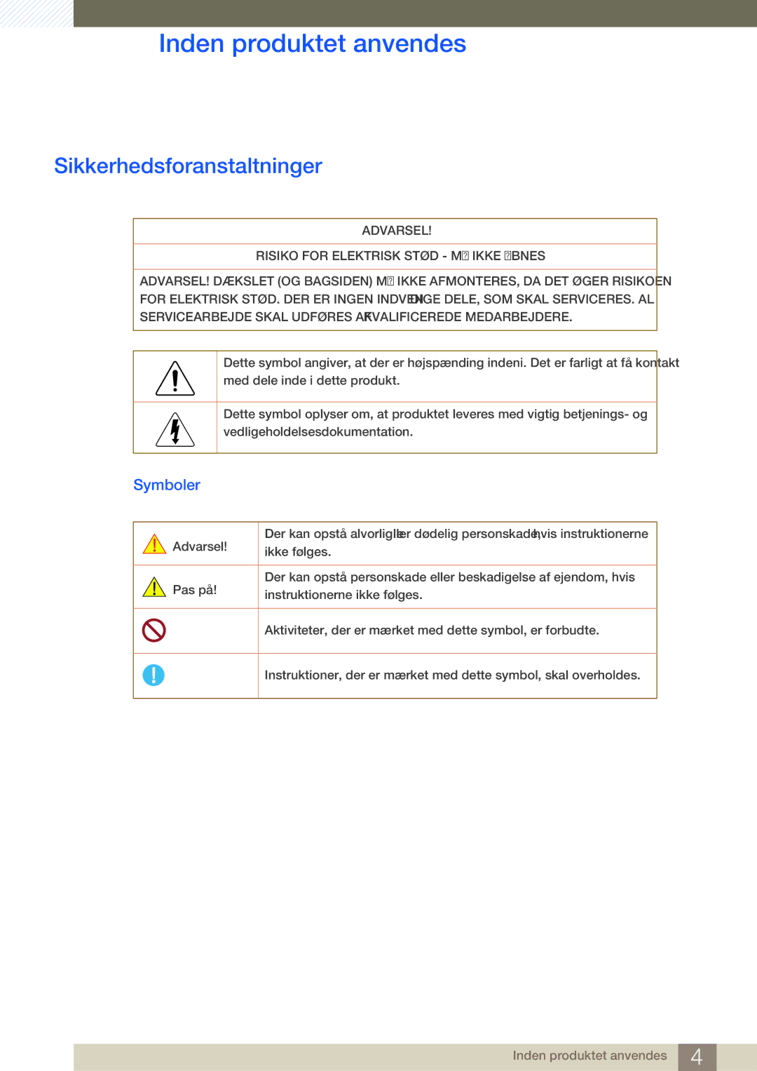 Samsung LH32ARPLBC/EN manual Sikkerhedsforanstaltninger, Symboler 