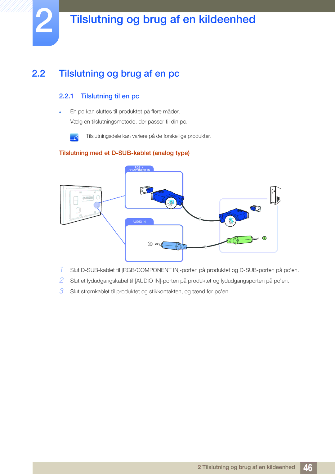 Samsung LH32ARPLBC/EN Tilslutning og brug af en pc, Tilslutning til en pc, Tilslutning med et D-SUB-kablet analog type 