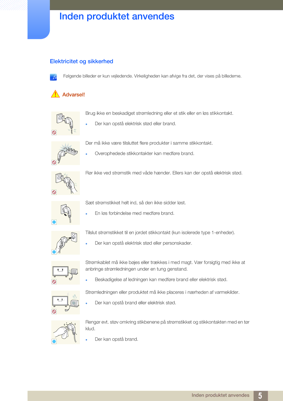 Samsung LH32ARPLBC/EN manual Elektricitet og sikkerhed 