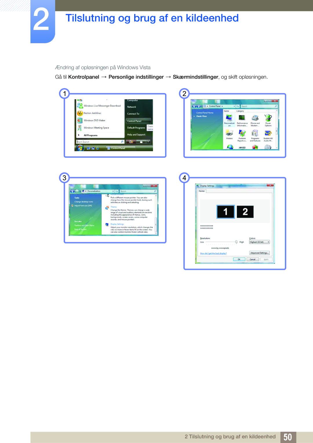 Samsung LH32ARPLBC/EN manual Ændring af opløsningen på Windows Vista 