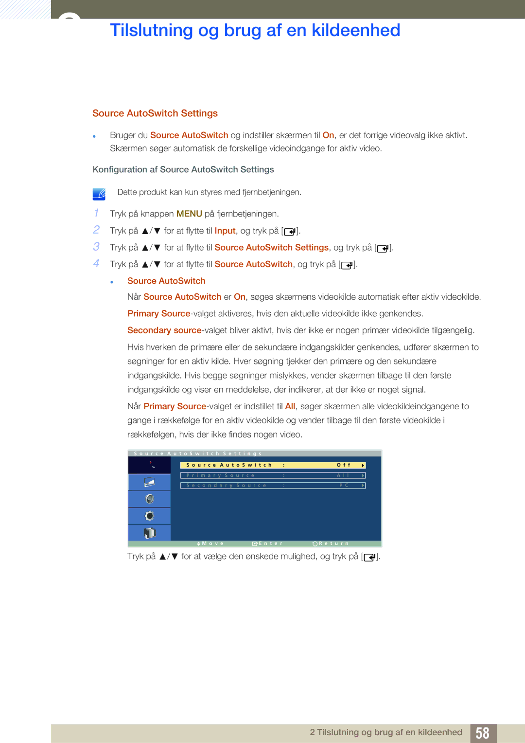 Samsung LH32ARPLBC/EN manual Konfiguration af Source AutoSwitch Settings 