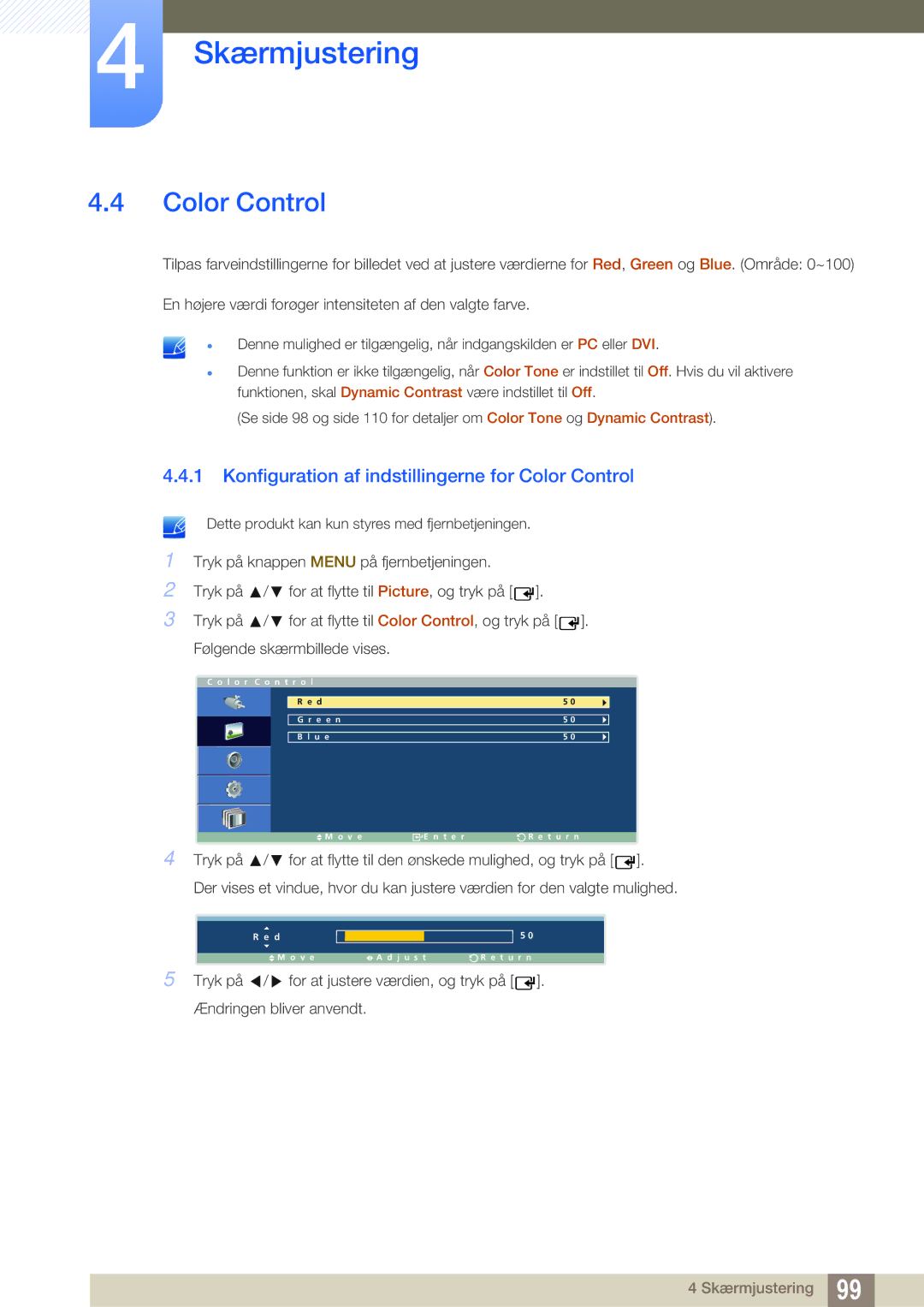 Samsung LH32ARPLBC/EN manual Konfiguration af indstillingerne for Color Control 