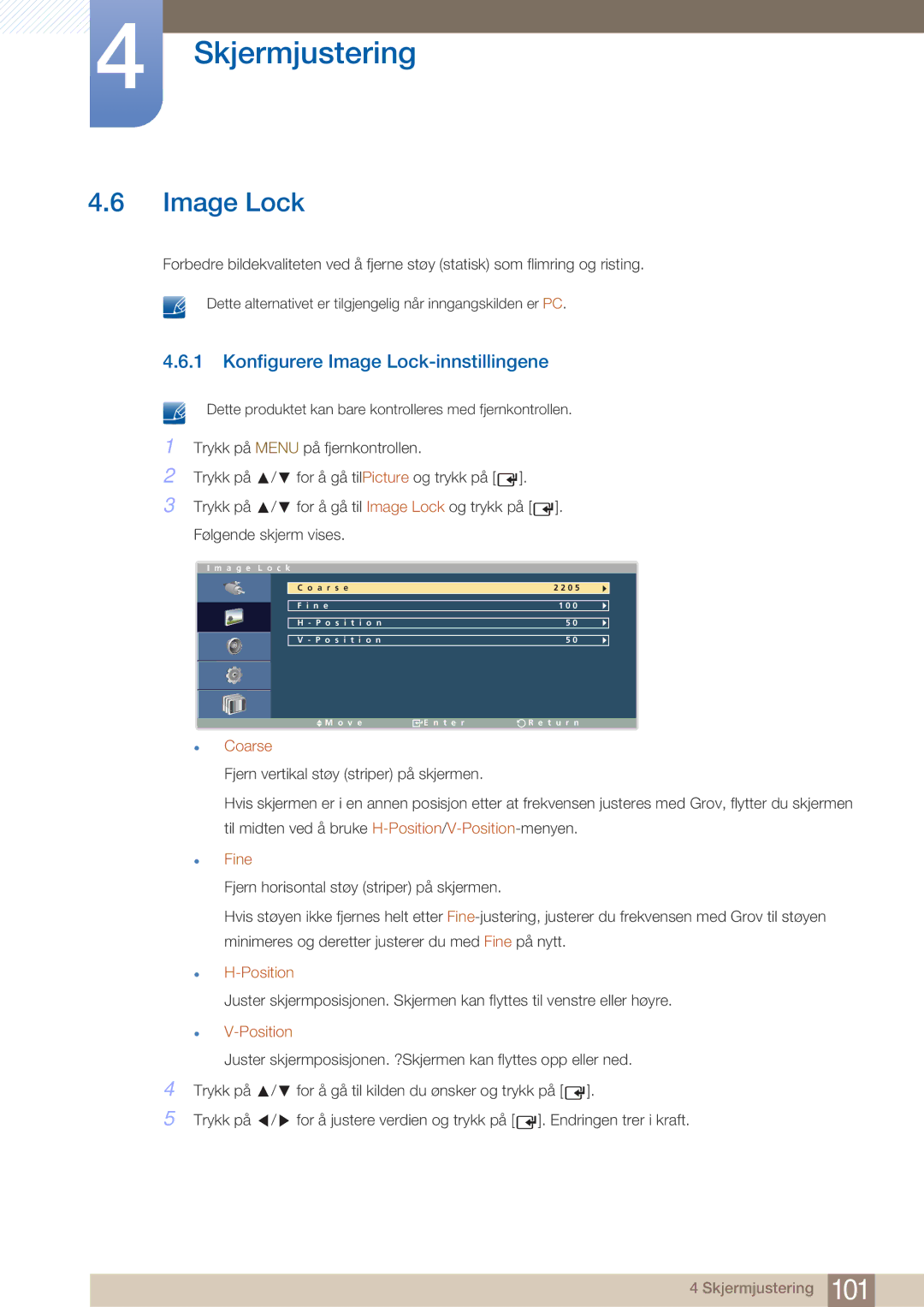 Samsung LH32ARPLBC/EN manual Konfigurere Image Lock-innstillingene, Coarse, Fine, Position 