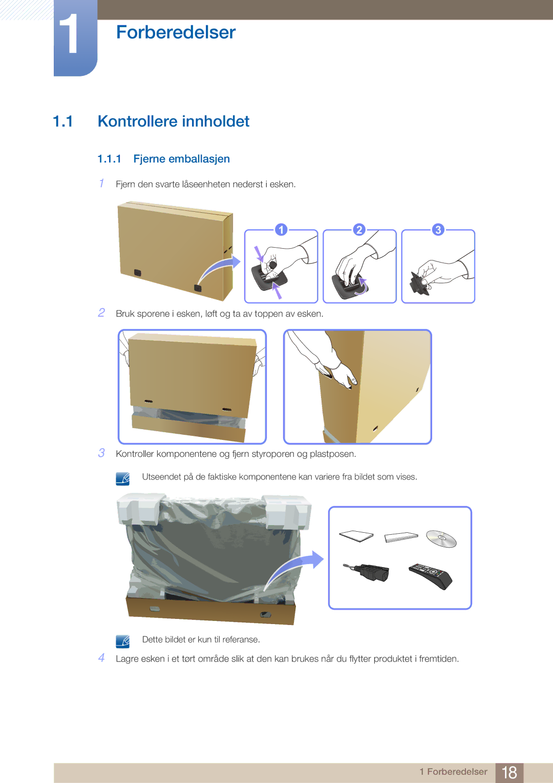 Samsung LH32ARPLBC/EN manual Kontrollere innholdet, Fjerne emballasjen 